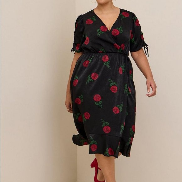 Torrid Silky Brushed Charmeuse Rose Print Faux Wrap Midi Dress - Picture 1 of 9